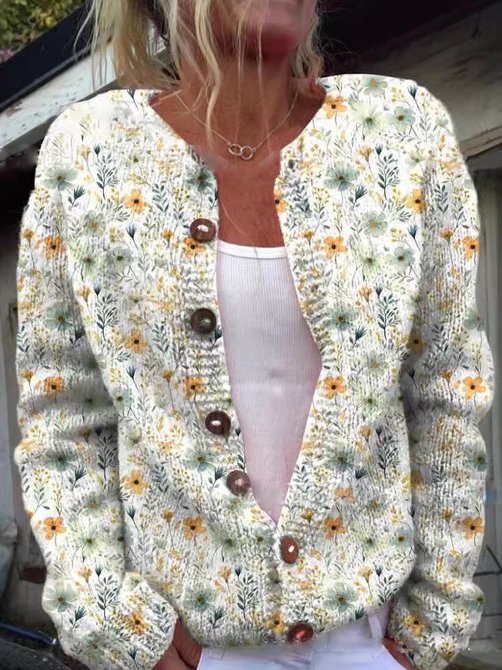 EB | Knopflose Strickjacke mit Blumenmuster Strick Elegant und Komfortabel