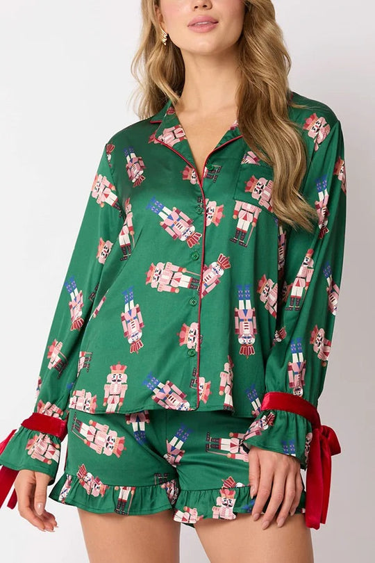 EB | Weihnachten Mode Gedruckte Fliege Oberteil und Elastischer Taillen Rüschenshorts Set