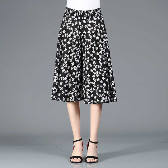 EB | Damen Chiffon Culottes mit Breiten Beinen und Hoher Elastischer Taille