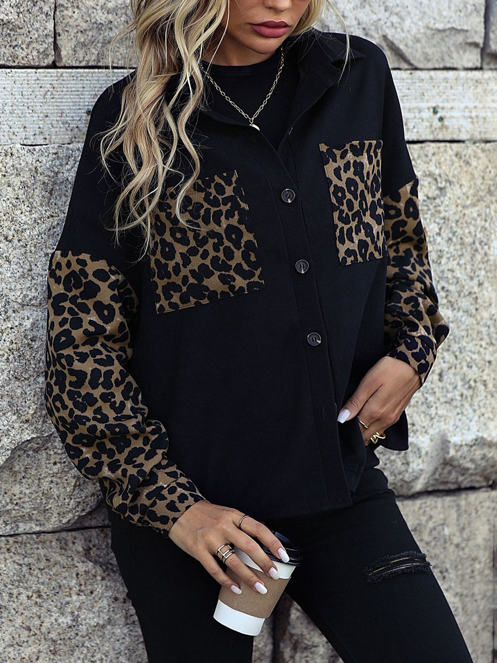 EB | Leopard Print Knopf-abgesetzte Schulterjacke
