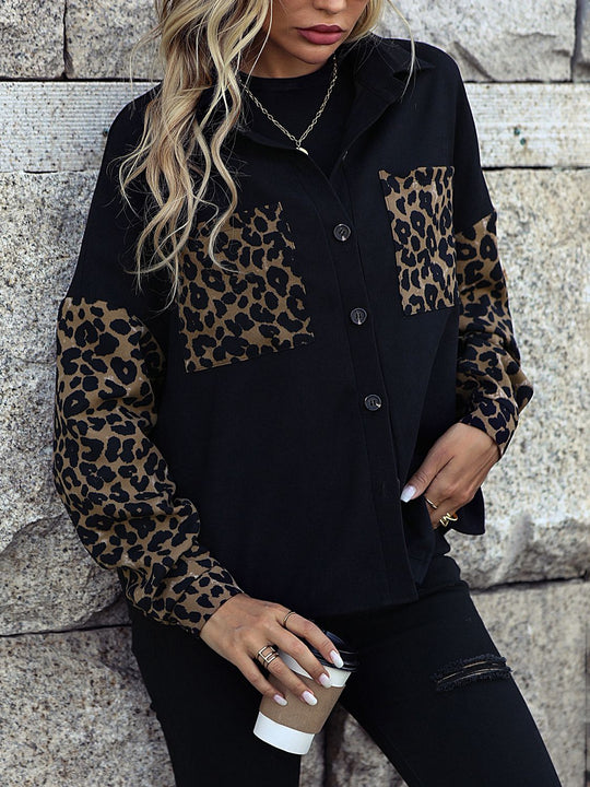 EB | Leopard Print Knopf-abgesetzte Schulterjacke