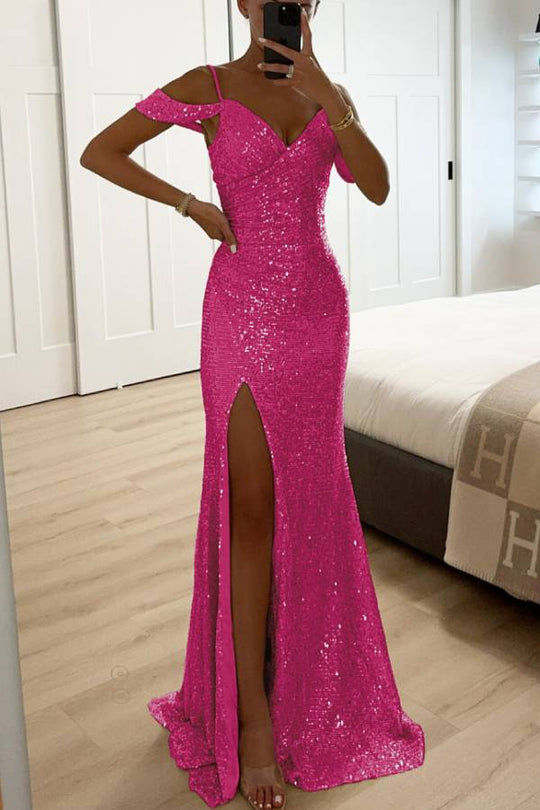 EB | Paillettenspitze Meerjungfrau Abschlussballkleider mit Schlitz Off-Shoulder Abendkleid