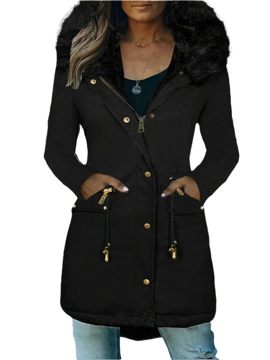 EB | Pelz Winterjacke für Damen - mit Kapuze und Taschen