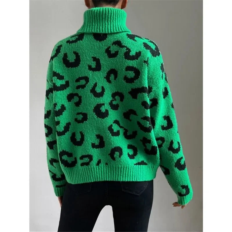 EB | Lässiger Rollkragen-Strickpullover mit Leopardenmuster