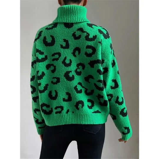EB | Lässiger Rollkragen-Strickpullover mit Leopardenmuster