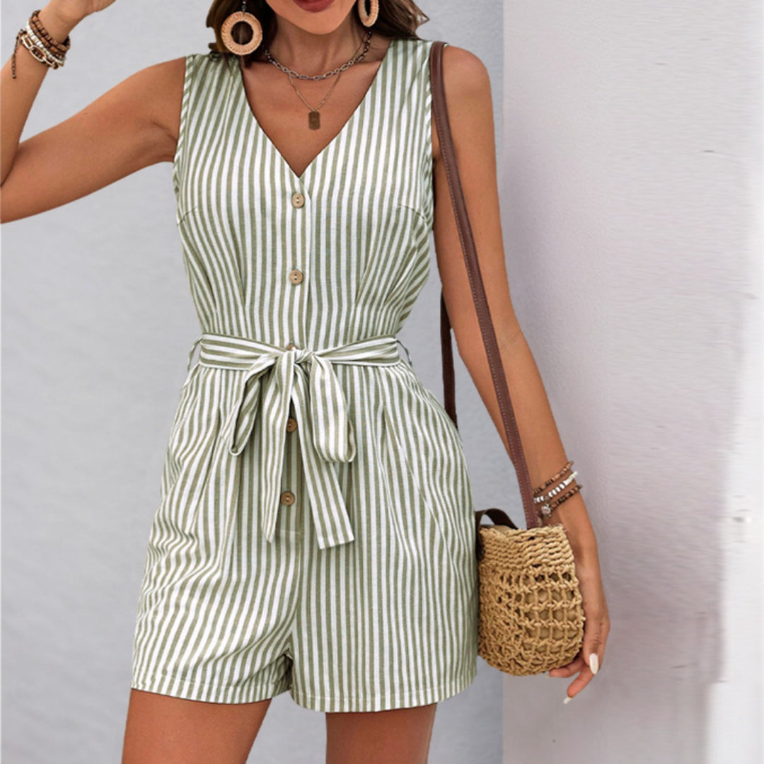EB | Einfache ärmellose gestreifte Jumpsuit-Shorts mit V-Ausschnitt
