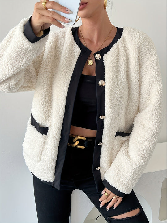 EB | Kurze Teddyjacke mit Kontrastkanten Polyester Stilvoll und Bequem