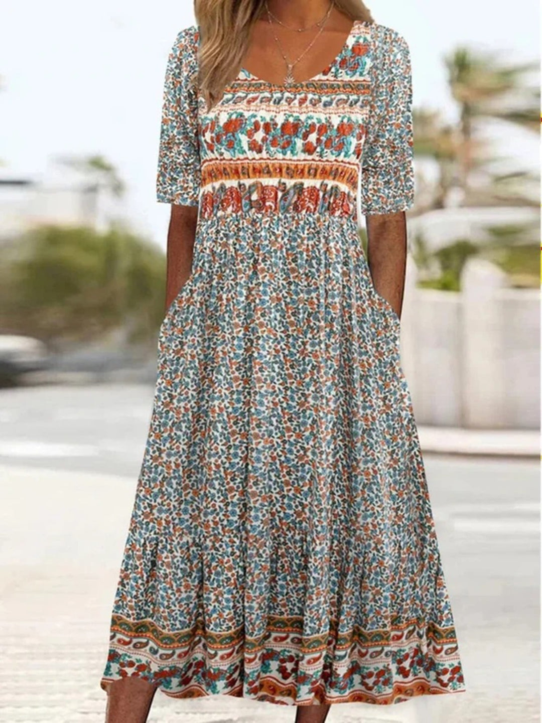 EB | Rundhalsausschnitt Kurzarm Bohemian Print Kleid Frauen