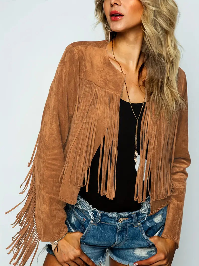 EB | Offene Jacke mit Fransen Saum Im Wildleder Look
