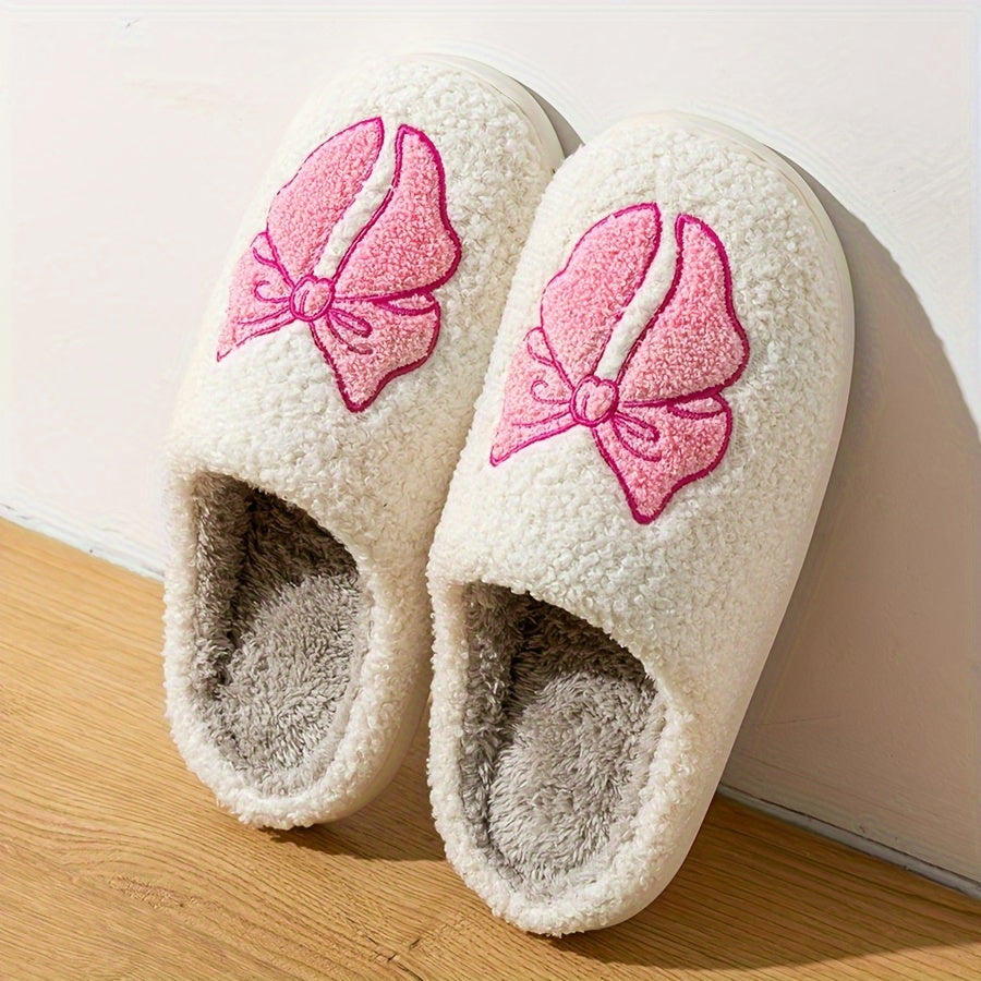 Beige Flauschige Slipper Mit Rosa Schleifenstickerei EB