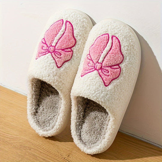 Beige Flauschige Slipper Mit Rosa Schleifenstickerei EB