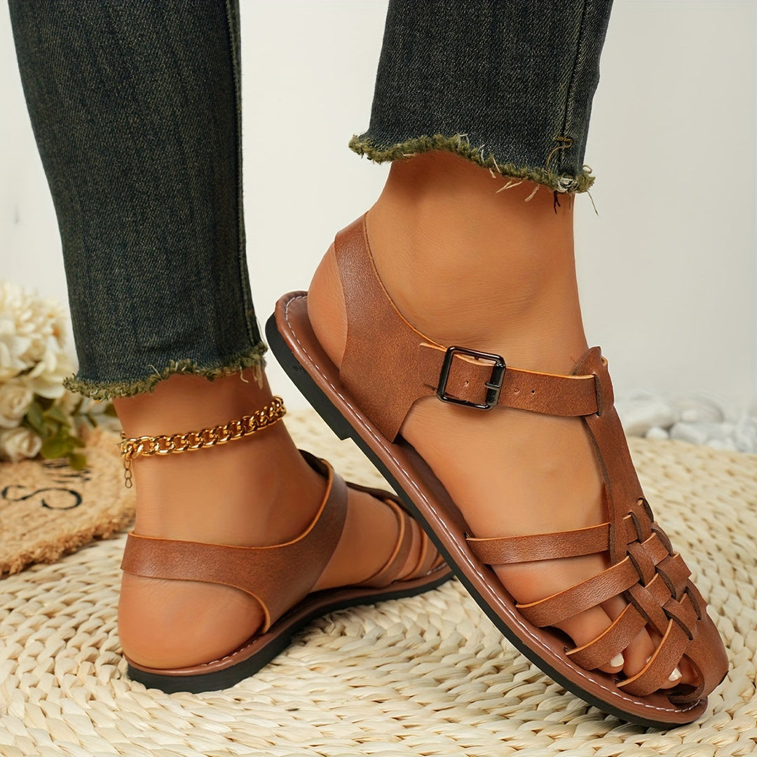 EB | Gewebte Flache Sandalen für Damen Vintage Stil, Geschlossener Zeh, Schnallenverschluss