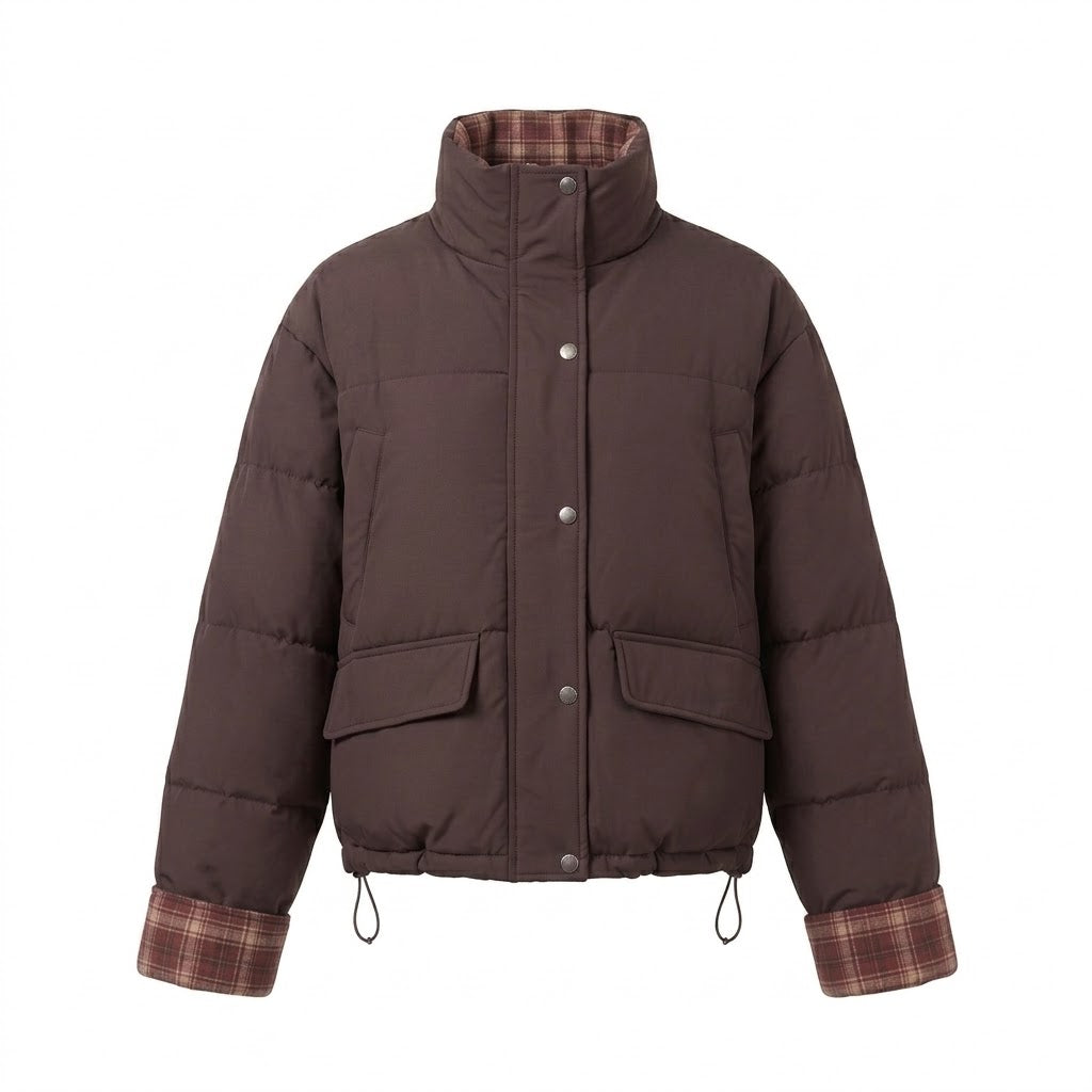 Damen nan kurzer wattierter Boxy-Blouson mit kariertem Innenfutter, hohem Kragen und aufgesetzten Klappentaschen EB