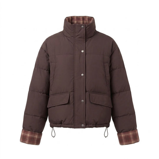 Damen nan kurzer wattierter Boxy-Blouson mit kariertem Innenfutter, hohem Kragen und aufgesetzten Klappentaschen EB