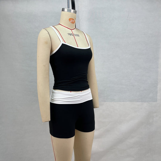 EB | Hosenträger Nabel Kontrast Top Niedrige Taille Shorts Set
