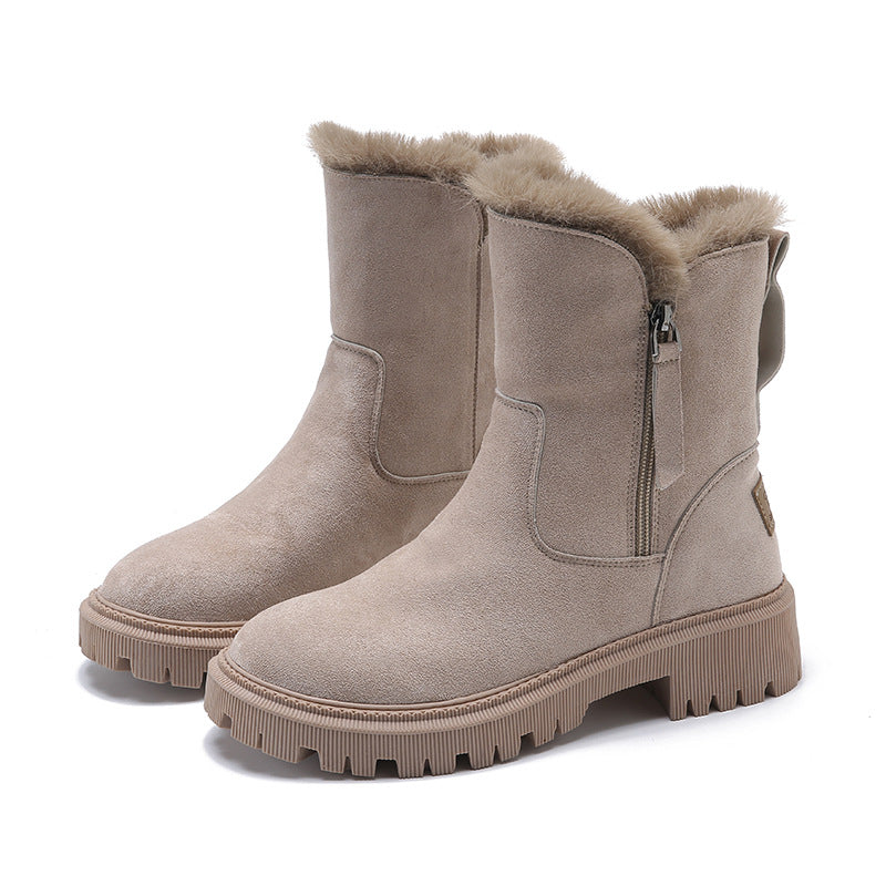 EB | Knöchelhohe Stiefel – Wildleder-Obermaterial – Kunstfell Gefüttert – Chunky Profilsohle – Seitenreißverschluss