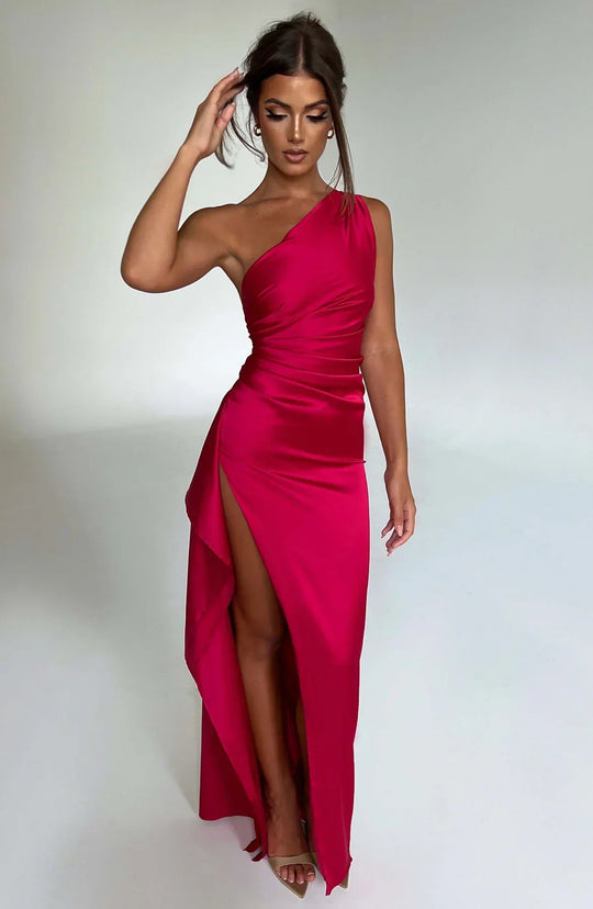 Falten Satin Schlitzkleid