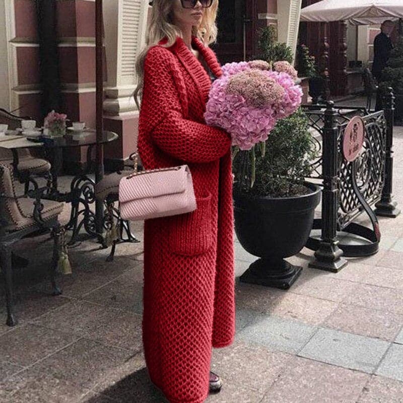 EB | Langer Strickcardigan Offene Vorderseite Grobstrick mit Großen Taschen