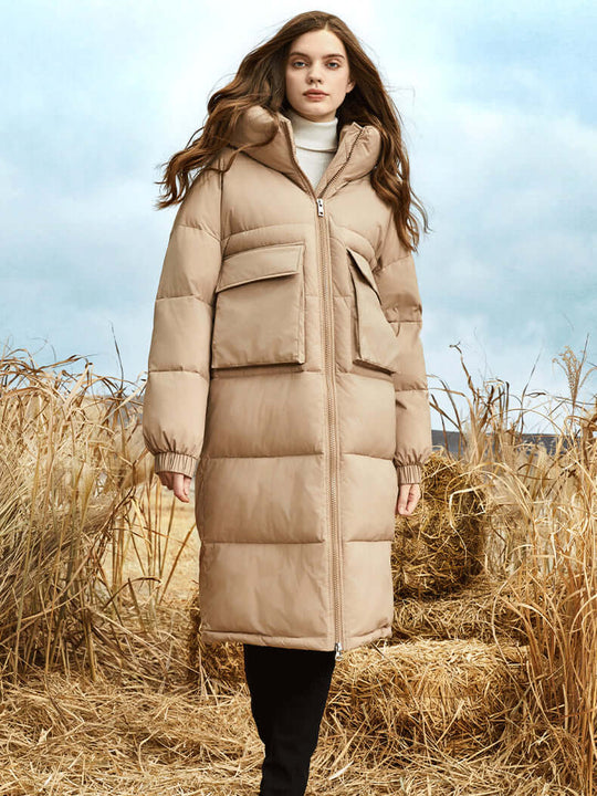EB | Damen Lange Winter Pufferjacke mit Kapuze