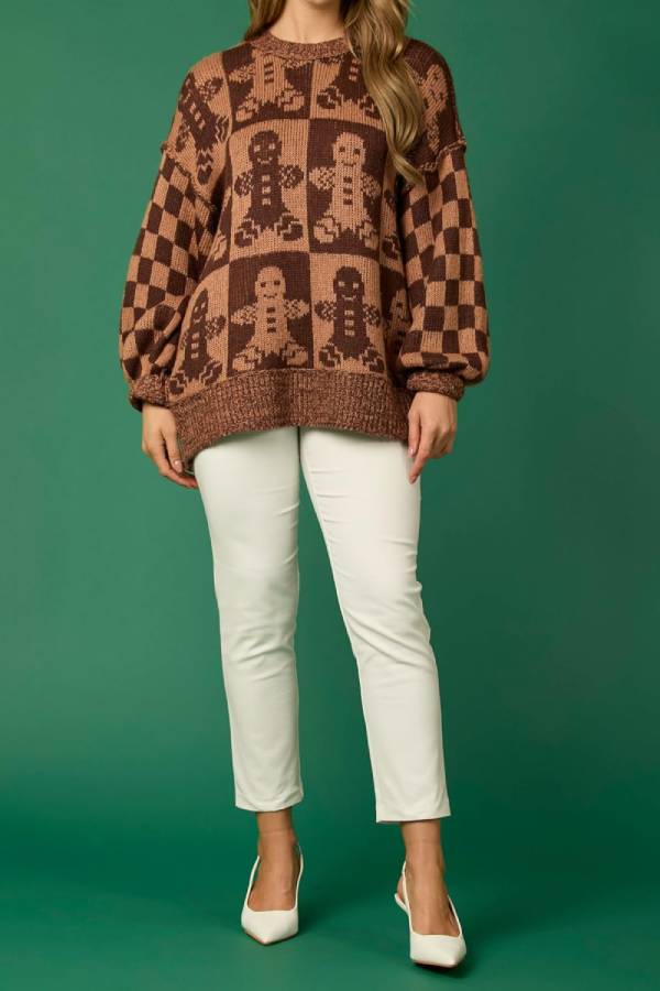 EB | Weihnachtslebkuchenmann Rundhalsausschnitt Langarm Lockere Strickpullover