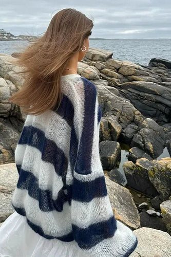 EB | Gestreifter V-Ausschnitt Locker Gestrickter Cardigan Pullover