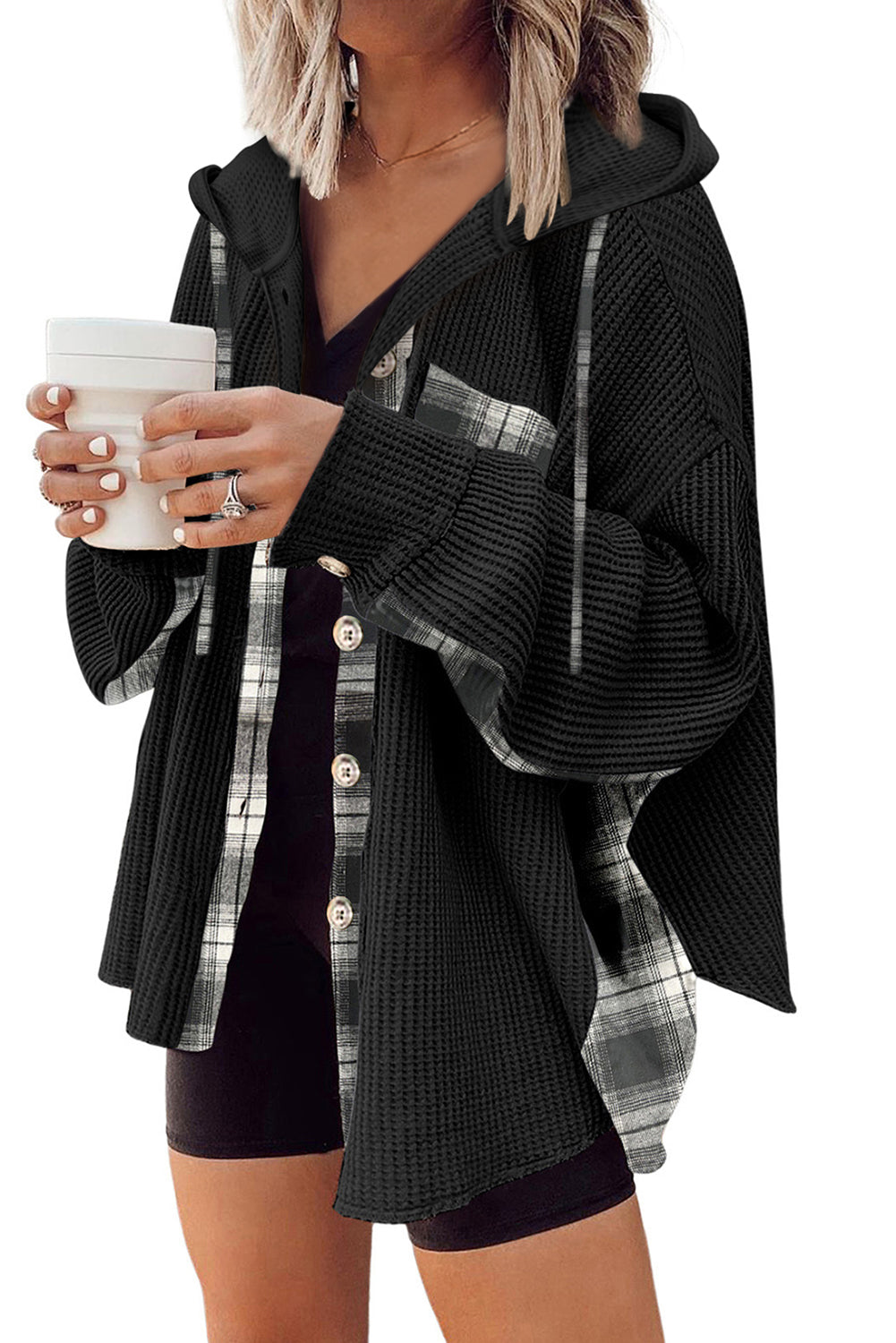 EB | Oversized Hemdjacke mit Kapuze Geripptes und Kariertes Design Bequem und Trendy