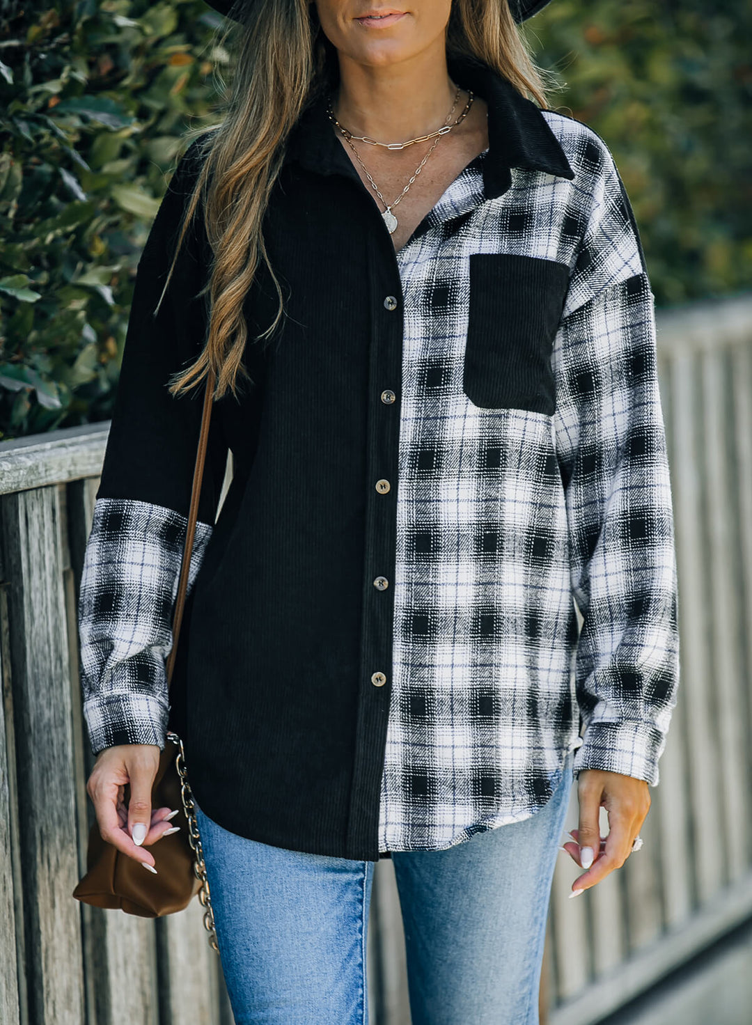 EB | Karierte Farbblock Gefallen Schulter Corduroy Shacket