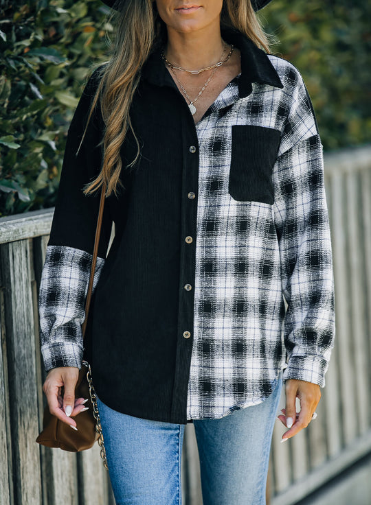 EB | Karierte Farbblock Gefallen Schulter Corduroy Shacket