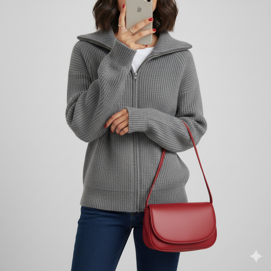 EB | Strickjacke Passformted Passform Rippstrickwolle Hoher Kragen Reißverschlussverschluss