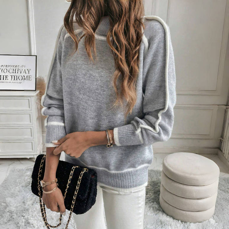 EB | Strickpullover mit Hohem Kragen Kontrastkanten Warm und Modern