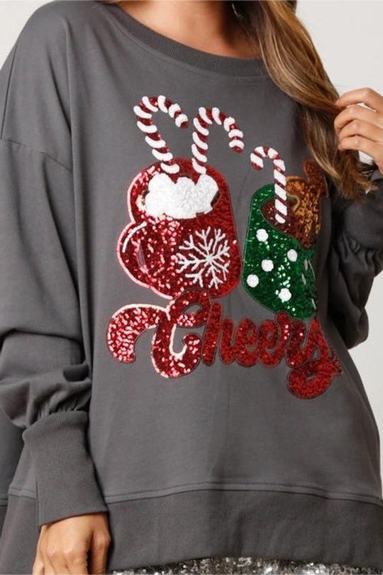 EB | Weihnachts Süßigkeiten Tasse Pailletten Lässiger Lockere Sweatshirt