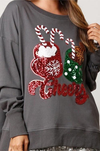EB | Weihnachts Süßigkeiten Tasse Pailletten Lässiger Lockere Sweatshirt