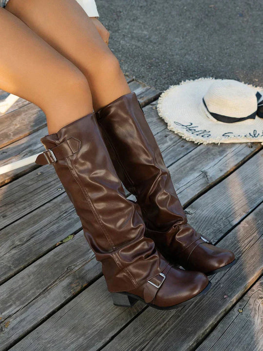 EB | Elegante Damen Knielange Stiefel mit Schnallen Detail