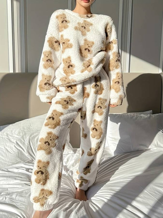 EB - Bequemes weißes Bärenmotiv Loungewear-Set für Damen
