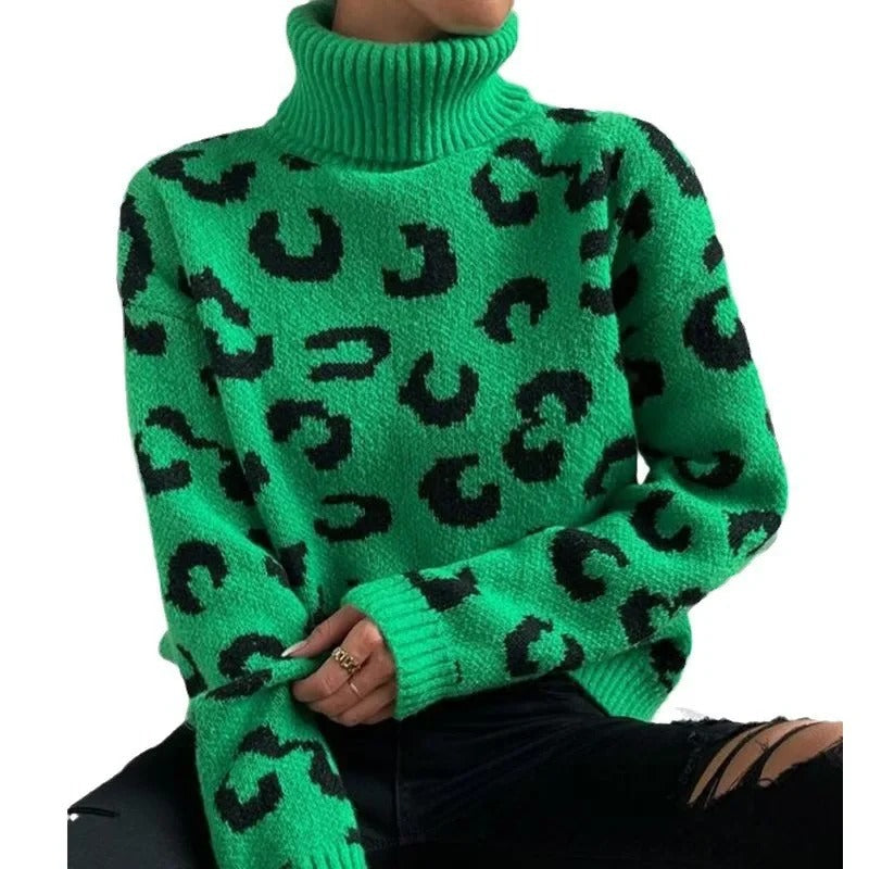 EB | Lässiger Rollkragen-Strickpullover mit Leopardenmuster