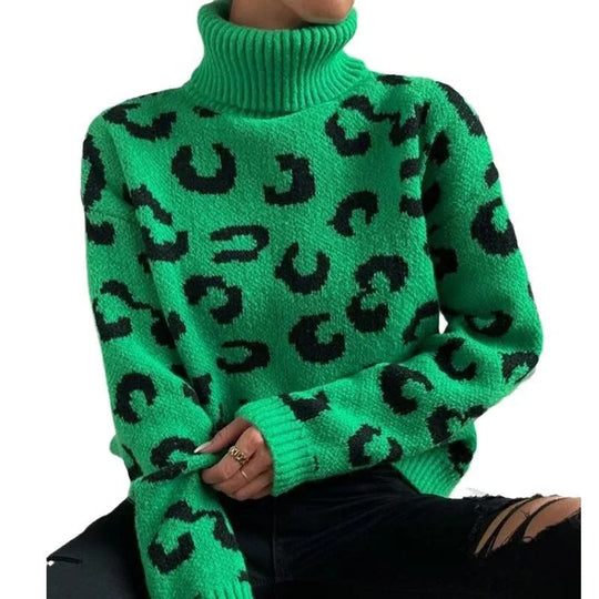 EB | Lässiger Rollkragen-Strickpullover mit Leopardenmuster