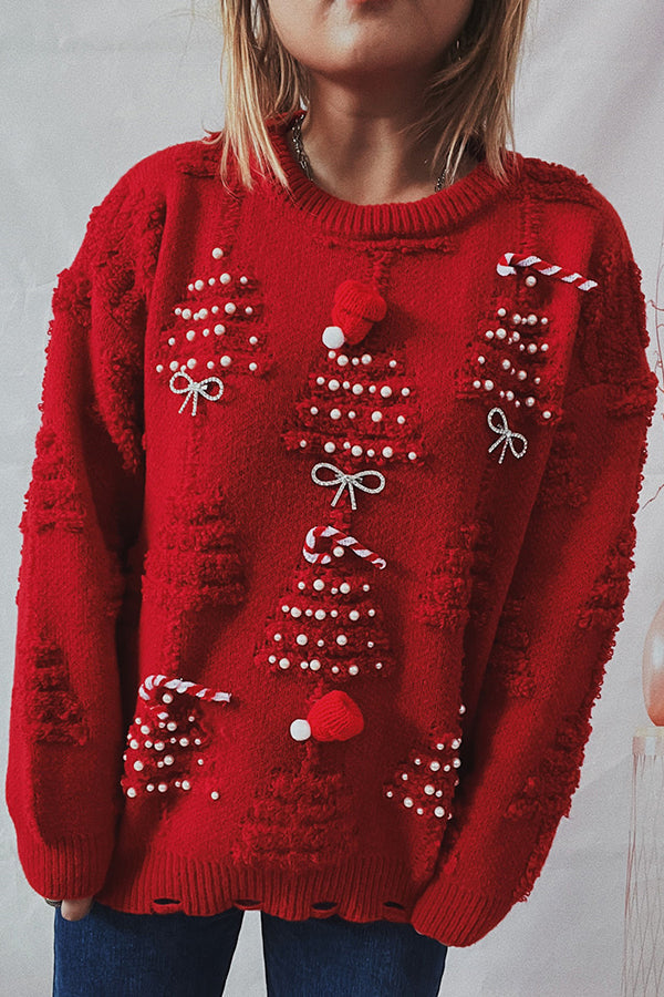 EB | Weihnachtsmuster Gestrickter Rundhalsausschnitt Langarmpullover