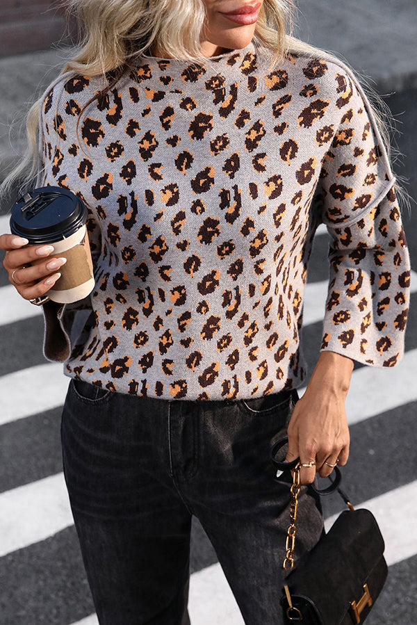 EB | Gemütlicher Strickpullover mit Leopardenmuster und Lockerer Rollkragen