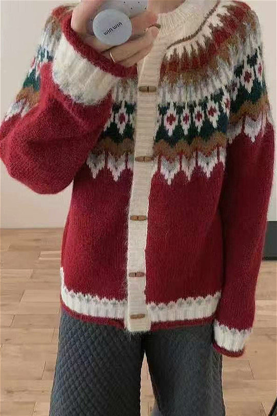 EB | Rundhals Fair Isle Weihnachten Hornknopf Strickjacke