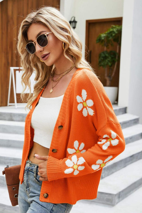 EB | Floral Ribbed Trim Drop Shoulder Cardigan