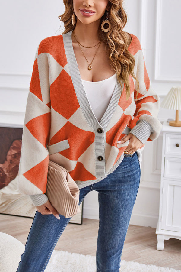 EB | Hals geometrisches Patchwork kontrastierender Strickcardigan lässige lockere Jacke