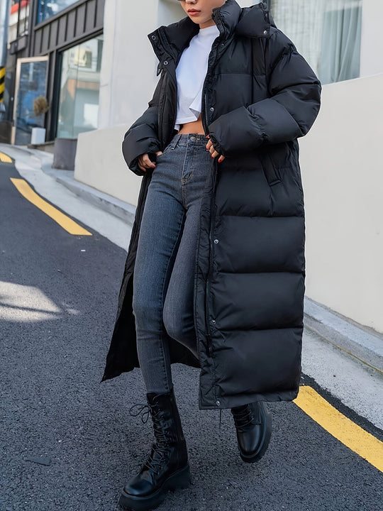 EB | Lange Steppjacke mit Kapuze und weit geschnitten für Frauen Ideal bei kaltem Wetter