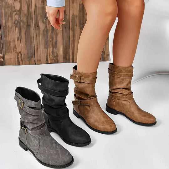 Vintage Schnalle Strap Western Ankle Boots Für Frauen EB