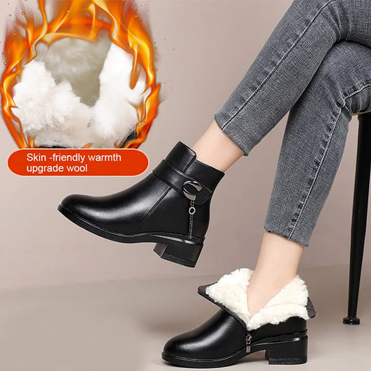 EB | Damen Echtes Leder Metall Schnalle Samt Stiefel