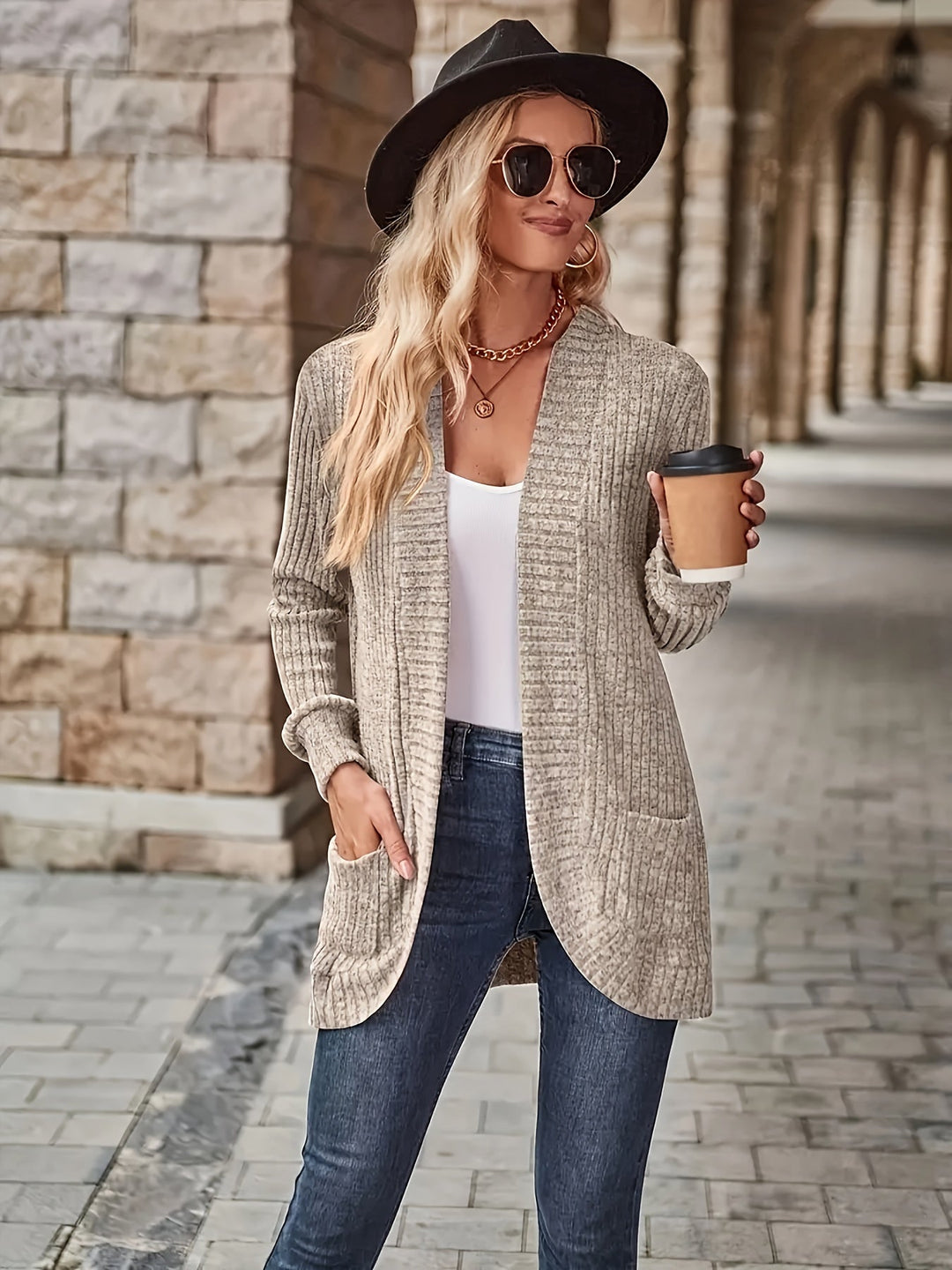 EB | Damen Freizeit Strickfleeceweste Mit Langen Ärmeln