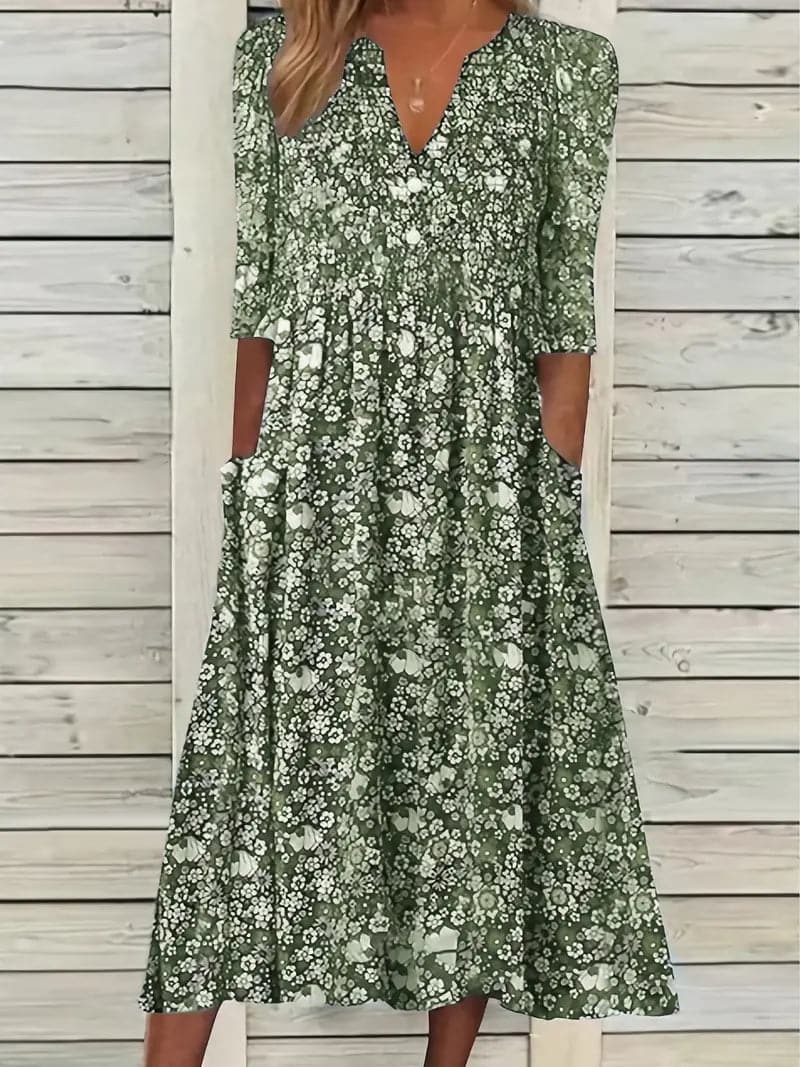 EB | Midikleid A-Linie Passform V-Ausschnitt 3/4 Ärmel Blumenmuster