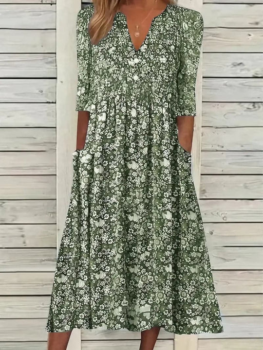 EB | Midikleid A-Linie Passform V-Ausschnitt 3/4 Ärmel Blumenmuster