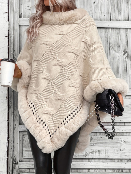 EB | Poncho mit Kunstpelzrand und Grobstrickmuster Acryl Elegant und Warm