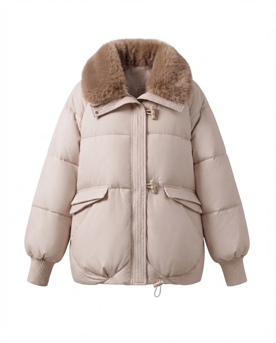 Damen nan moderner Oversize-Puffer mit voluminösem Teddykragen, verdecktem Zweiwege-Reißverschluss und regulierbarem Saum EB