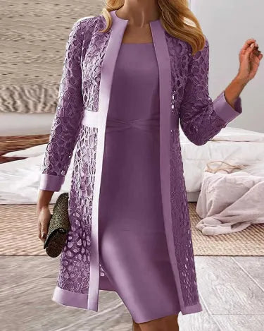 EB | Damen Spitze Strickjacke Kleid Zweiteiliges Set